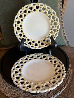 Handmade Ceramic Reticulated Forget Me Not Floral Plates - Set of 2